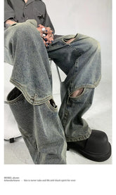 Threebooy Y2K Fashion Hollow Out Baggy Jeans Pants For Men Clothing Straight Wide Leg Old Denim Trousers Pantalon Homme